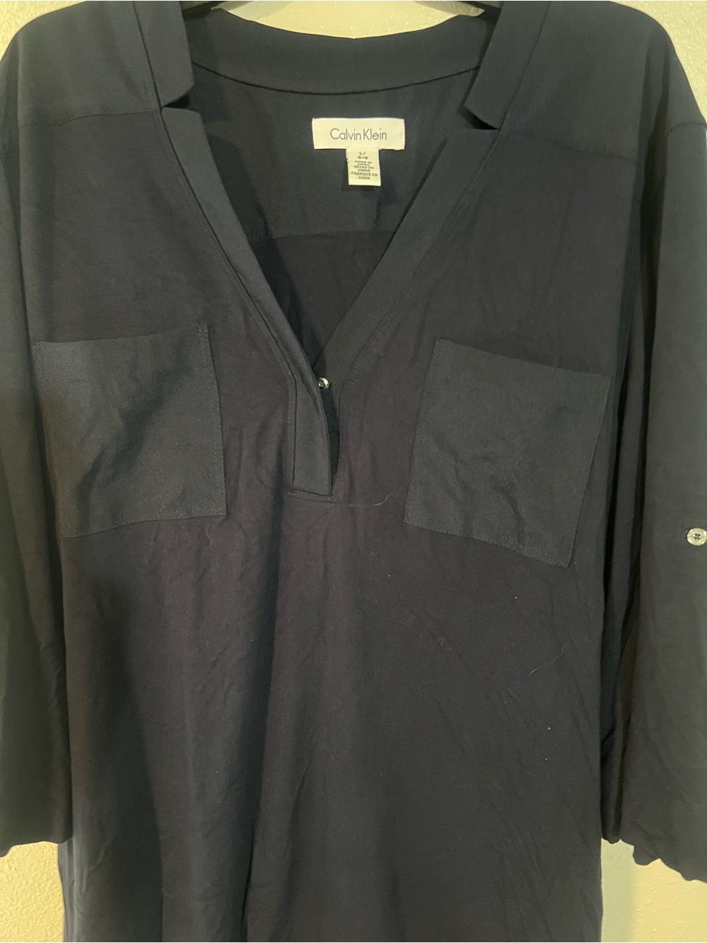 Calvin Klein women’s Dark Navy V-Neck Long Sleeve Utility Shirt